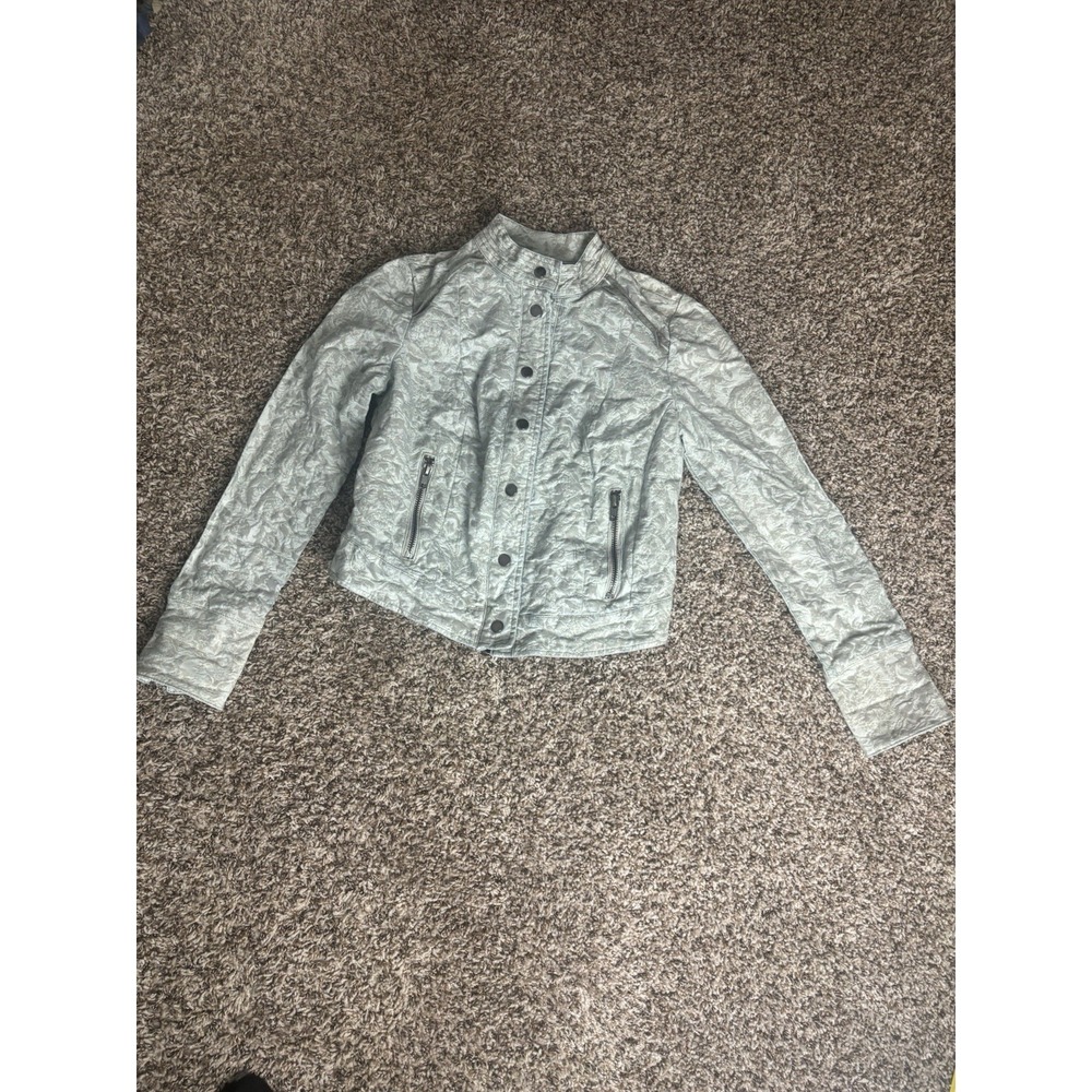 Free People Follow The Flock Sage Green Velvet Jacquard Boho Moto Jacket Size 6
